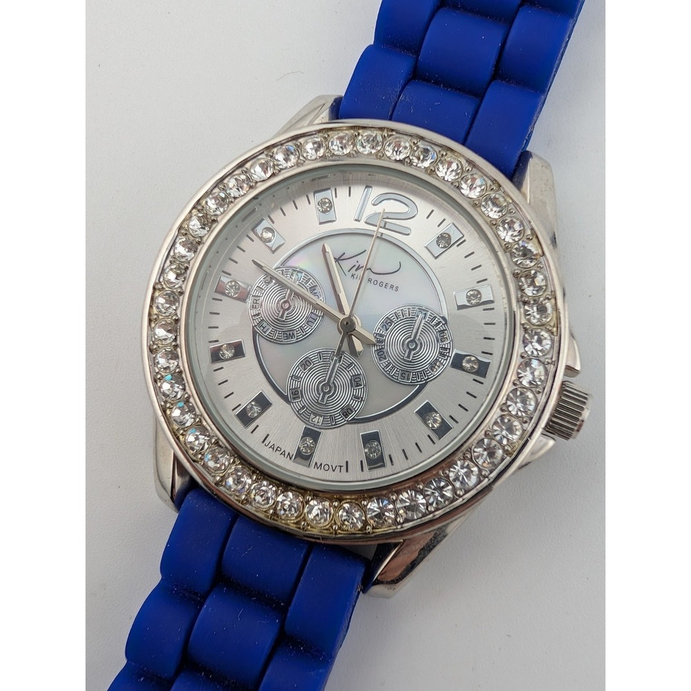 Kim Rogers Watch Round 39mm Pave Rhinestone Blue Silicone Band- New Battery